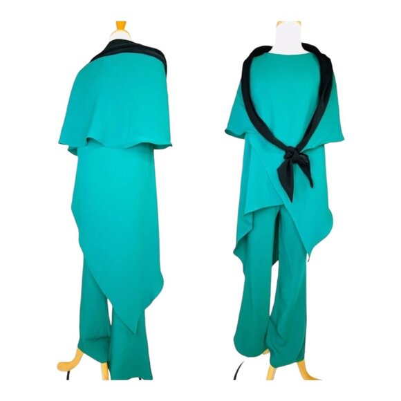 Elegant Womens Teal Layered Jumpsuit By List Roma Boutique Italy Sz 42 With Cape - Picture 6 of 10